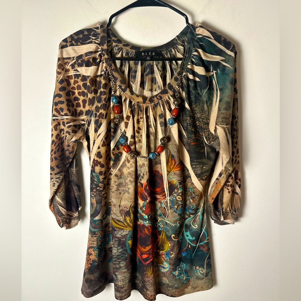 B.L.E.U. Women’s Multi Floral Art-To-Wear 3/4 Sleeve Boho Round Neck Blouse XL